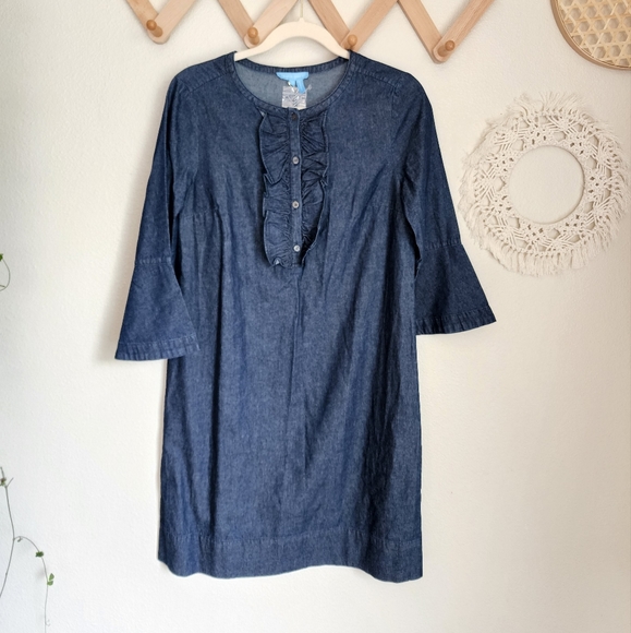 Draper James Chambray Ruffle Bell Sleeves Shift Dress Women's 4 NWT - Picture 2 of 10